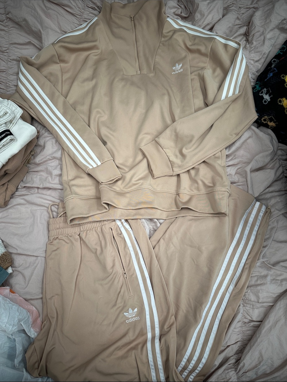 adidas Beige 3-Stripe Pullover & Jogger Set